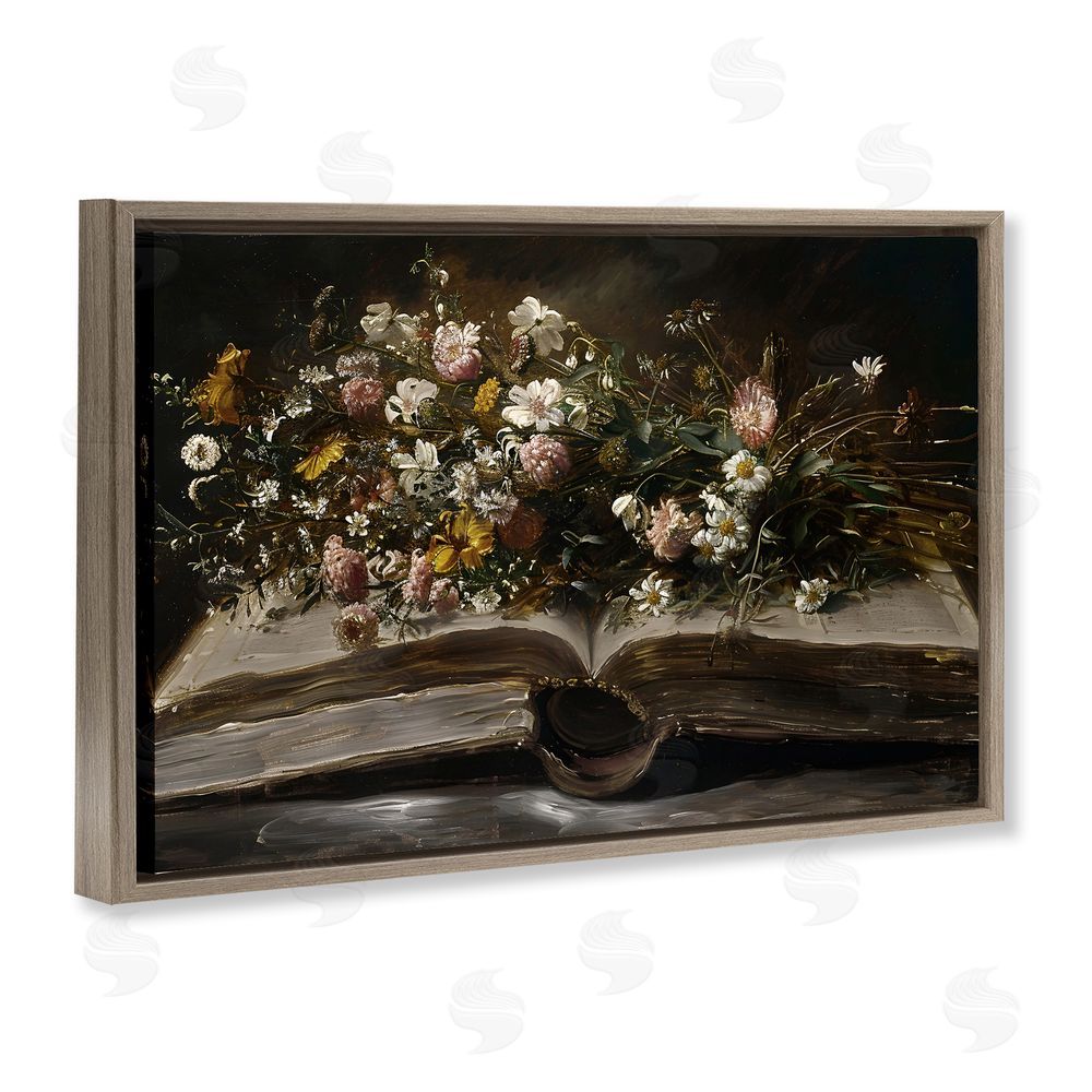 Jacky Ngan Antique Floral Open Book Brown Floating Frame Canvas Wall Art Print