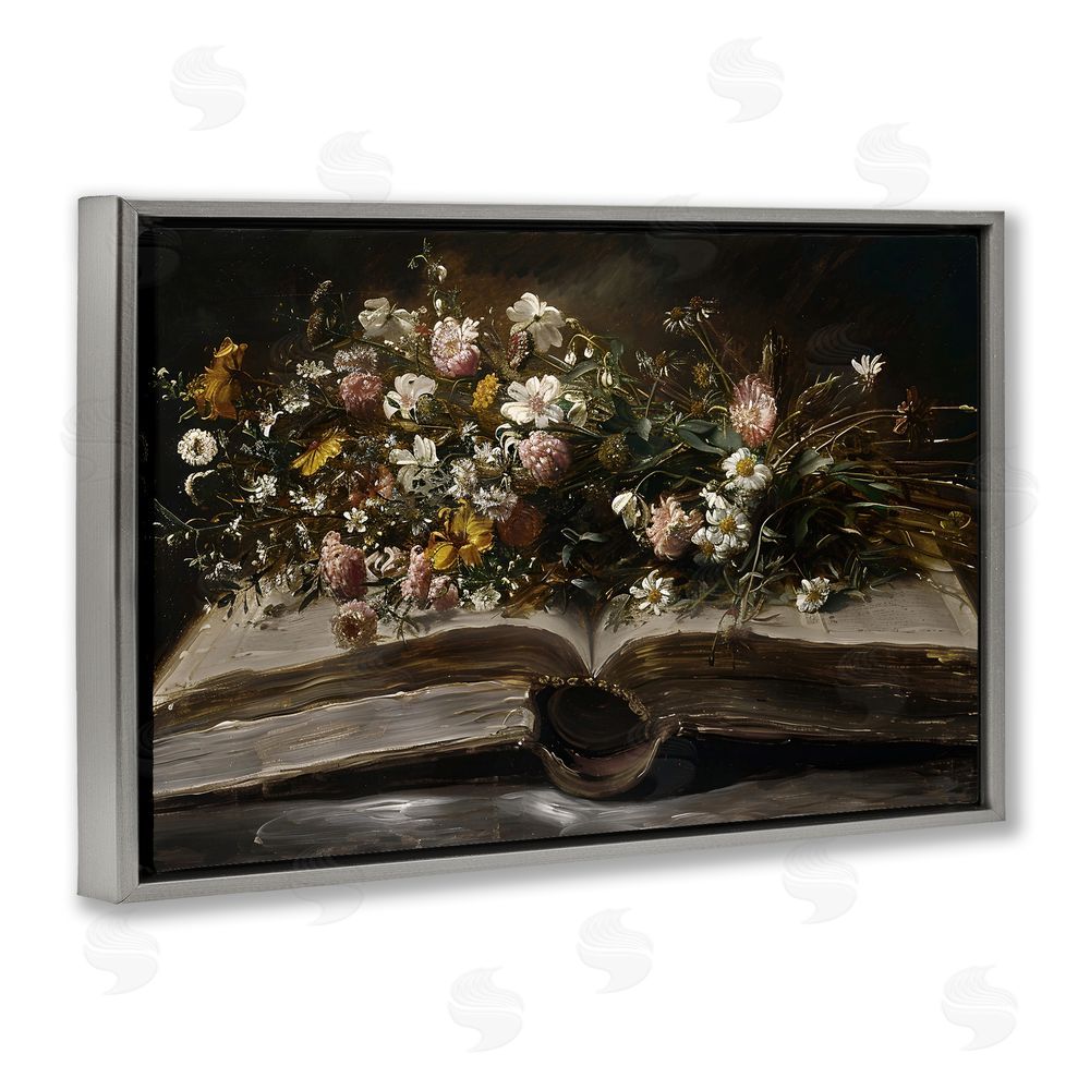 Jacky Ngan Antique Floral Open Book Gray Floating Frame Canvas Wall Art Print