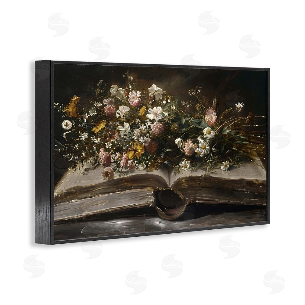 Jacky Ngan Antique Floral Open Book Black Framed Giclee Wall Art Print