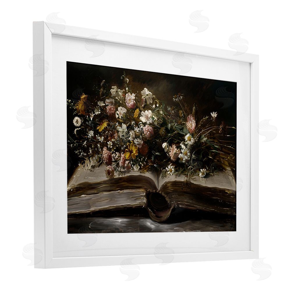 Jacky Ngan Antique Floral Open Book White Framed Print Under Glass Wall Art