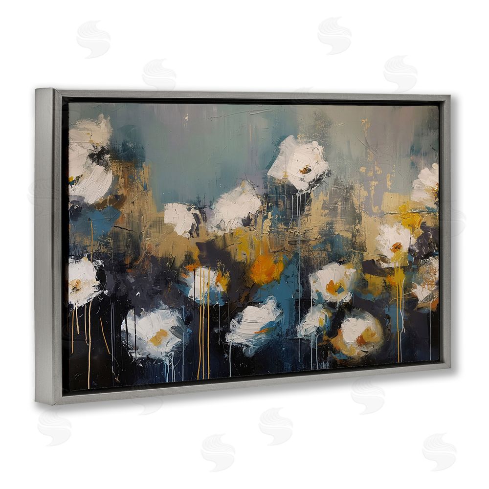 Jacky Ngan Contemporary Paint Drip Blossoms Gray Floating Frame Canvas Wall Art Print