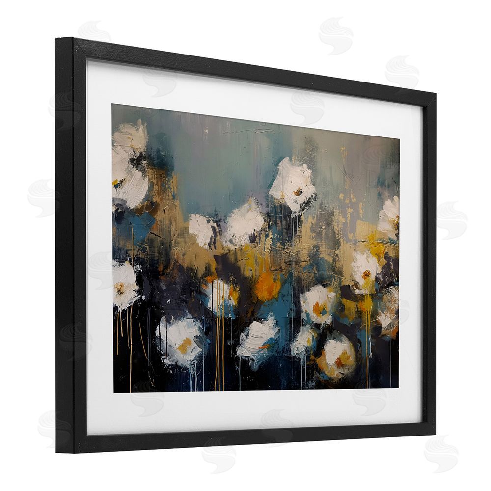 Jacky Ngan Contemporary Paint Drip Blossoms Black Framed Print Under Glass Wall Art