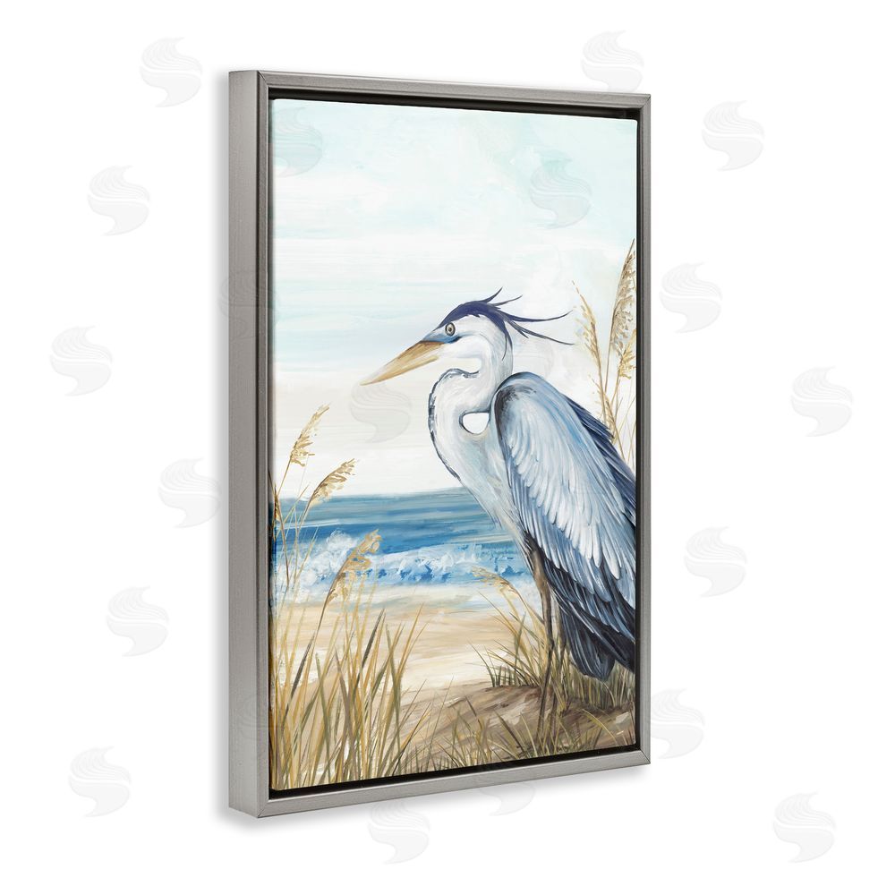 Eva Watts Serene Heron Perched At Shore Gray Floating Frame Canvas Wall Art Print