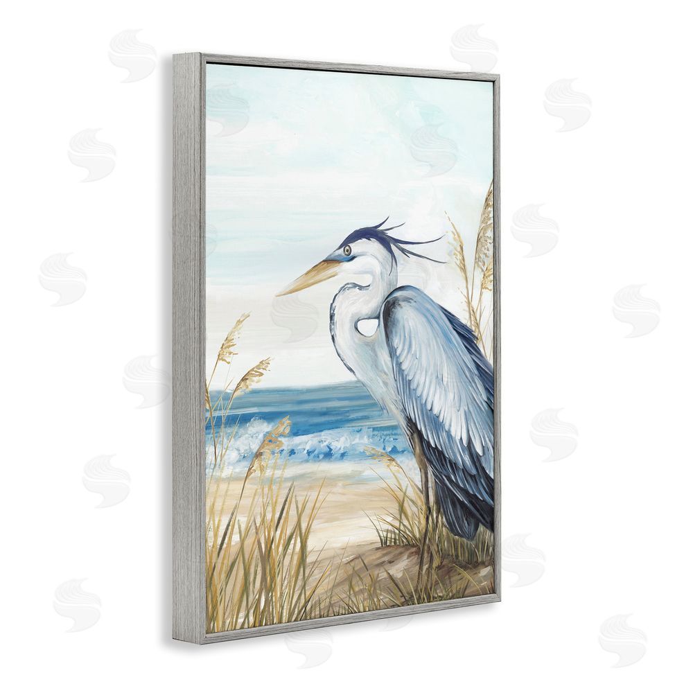 Eva Watts Serene Heron Perched At Shore Gray Framed Giclee Wall Art Print