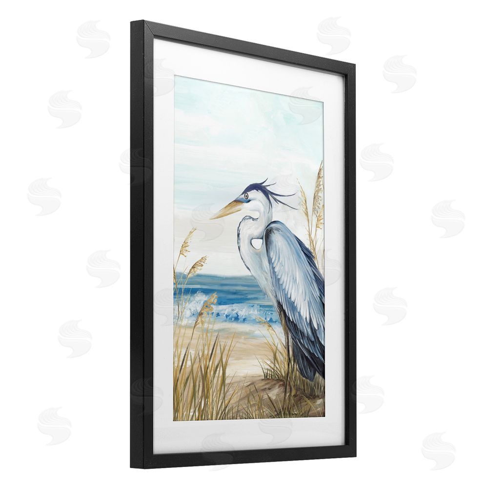 Eva Watts Serene Heron Perched At Shore Black Framed Print Under Glass Wall Art