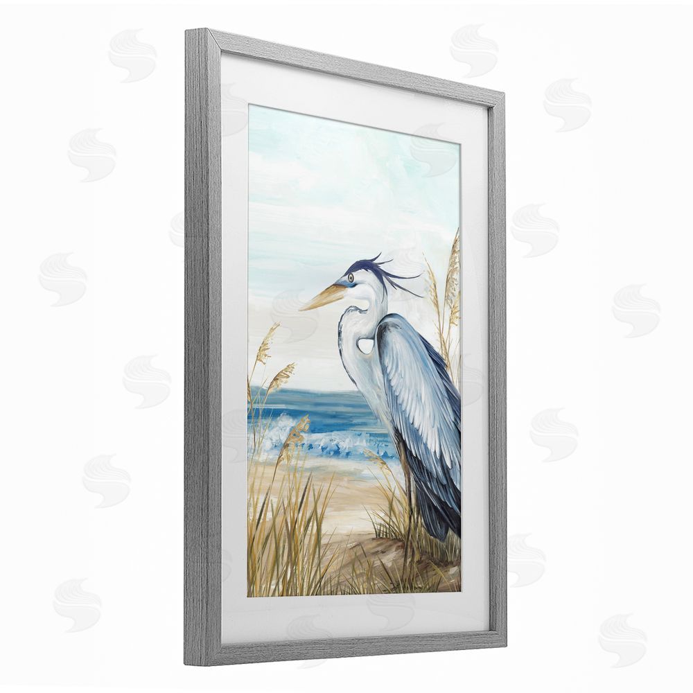Eva Watts Serene Heron Perched At Shore Gray Framed Print Under Glass Wall Art