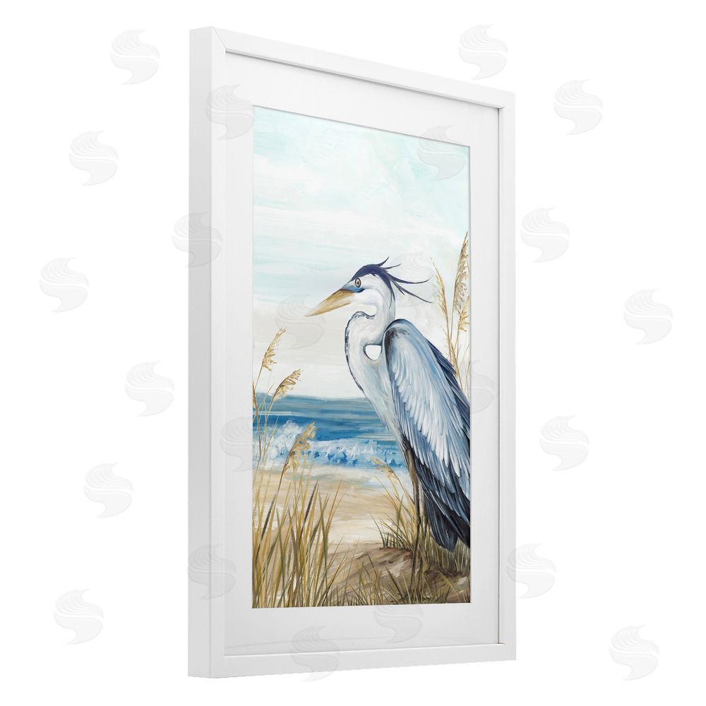 Eva Watts Serene Heron Perched At Shore White Framed Print Under Glass Wall Art