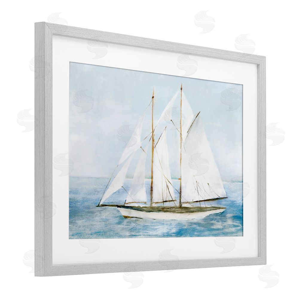 Isabelle Z Tranquil White Schooner at Sea Gray Framed Print Under Glass Wall Art
