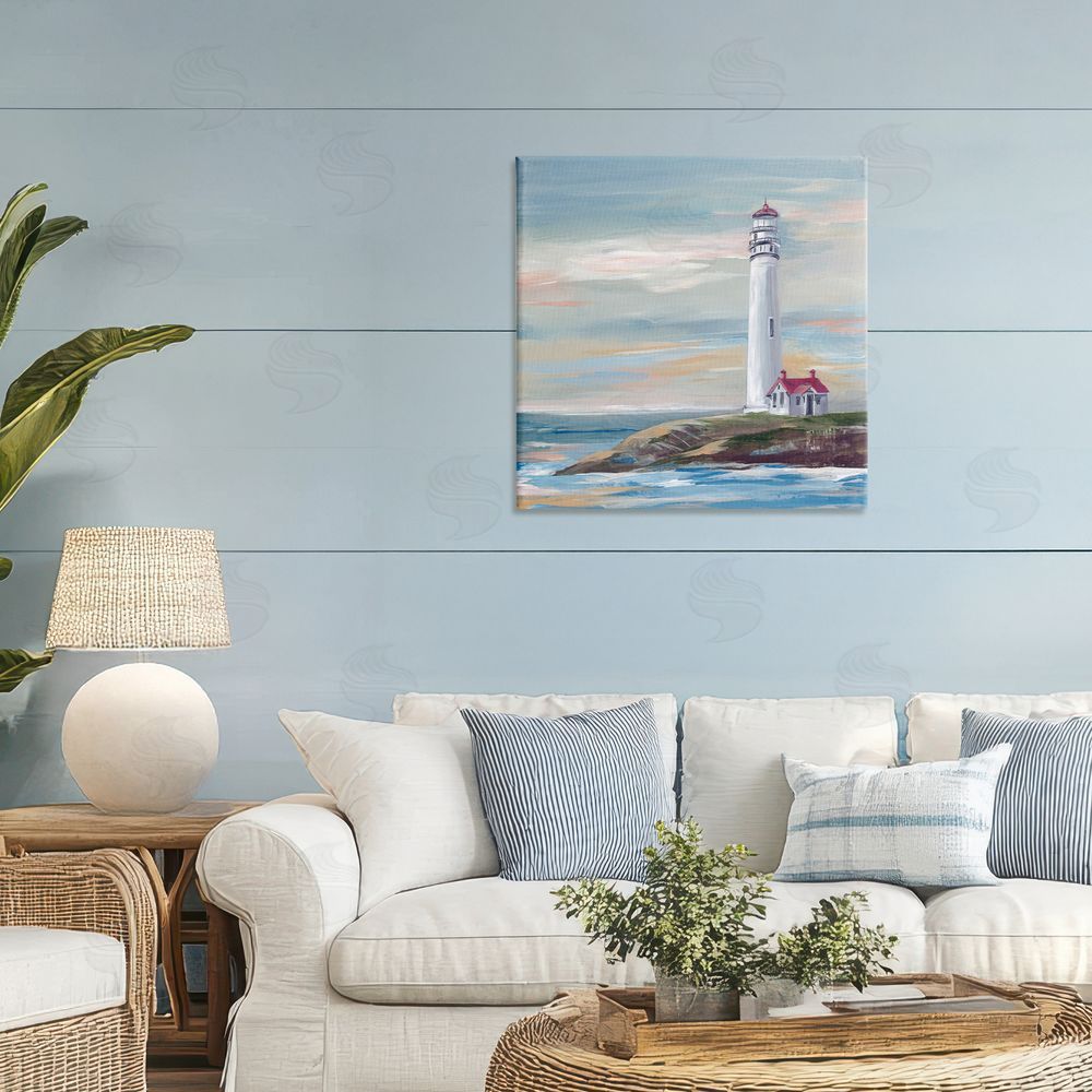 Lera Coastal Lighthouse at Sunset Stretched Canvas Wall Art in Room