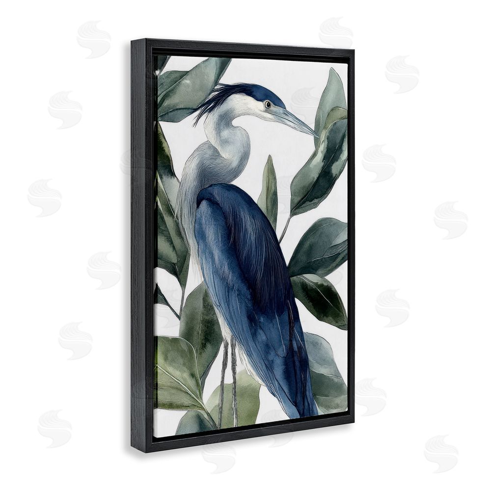 Mona Grace Blue Heron Among Leaves Black Floating Frame Canvas Wall Art Print