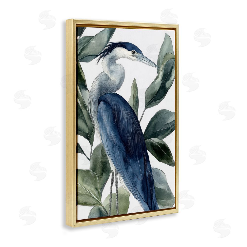 Mona Grace Blue Heron Among Leaves Gold Floating Frame Canvas Wall Art Print
