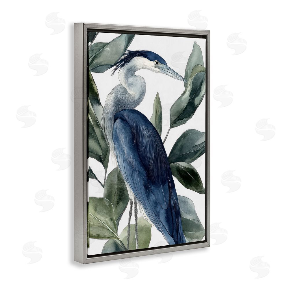 Mona Grace Blue Heron Among Leaves Gray Floating Frame Canvas Wall Art Print