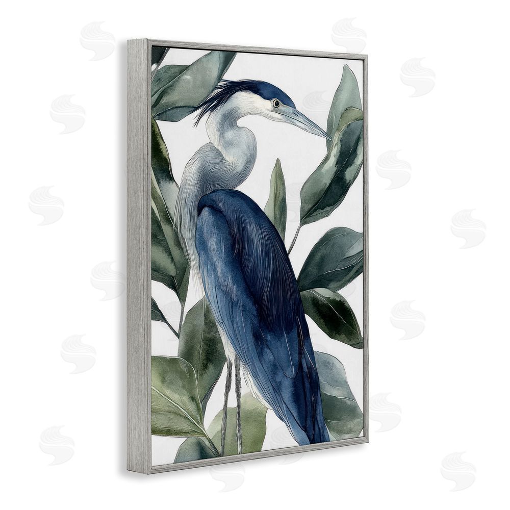 Mona Grace Blue Heron Among Leaves Gray Framed Giclee Wall Art Print