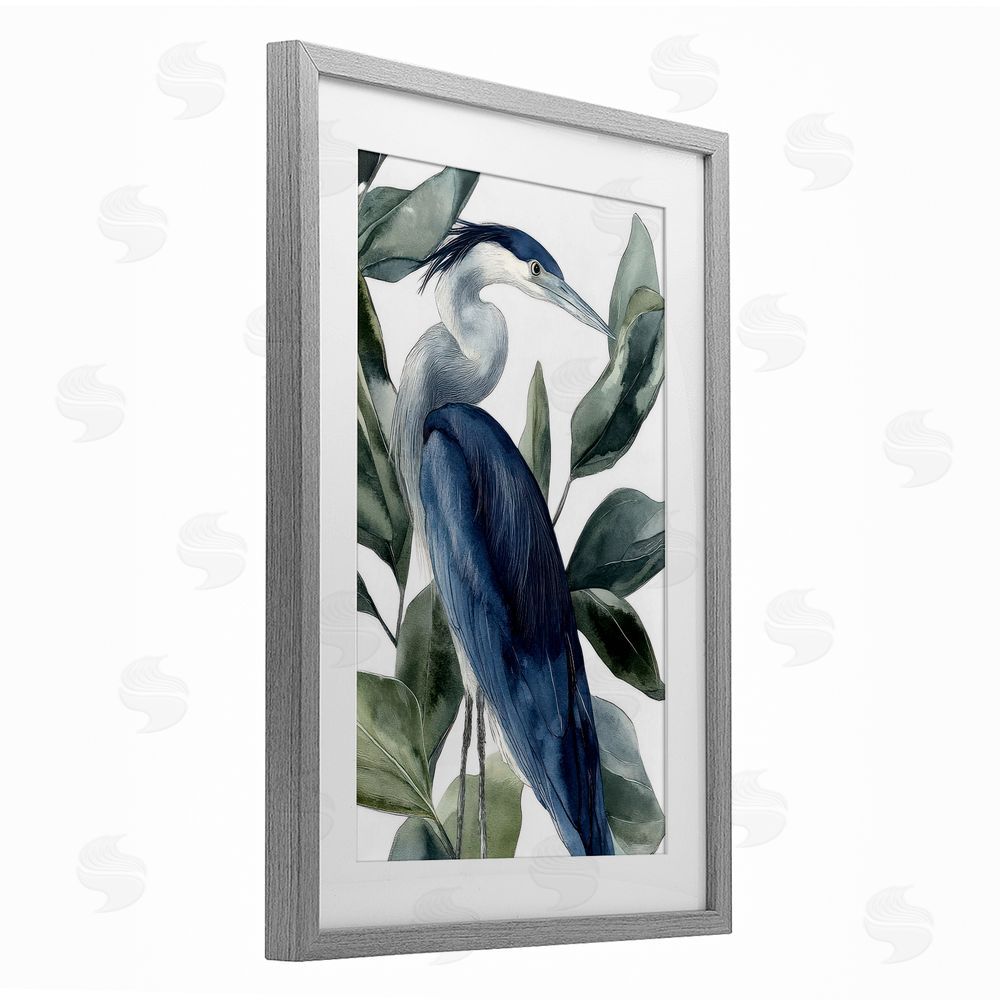 Mona Grace Blue Heron Among Leaves Gray Framed Print Under Glass Wall Art