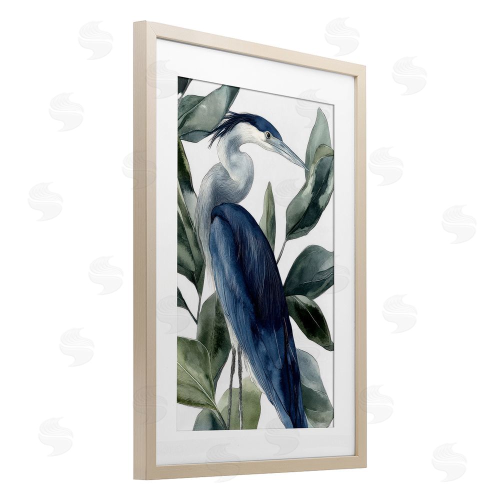 Mona Grace Blue Heron Among Leaves Brown Framed Print Under Glass Wall Art