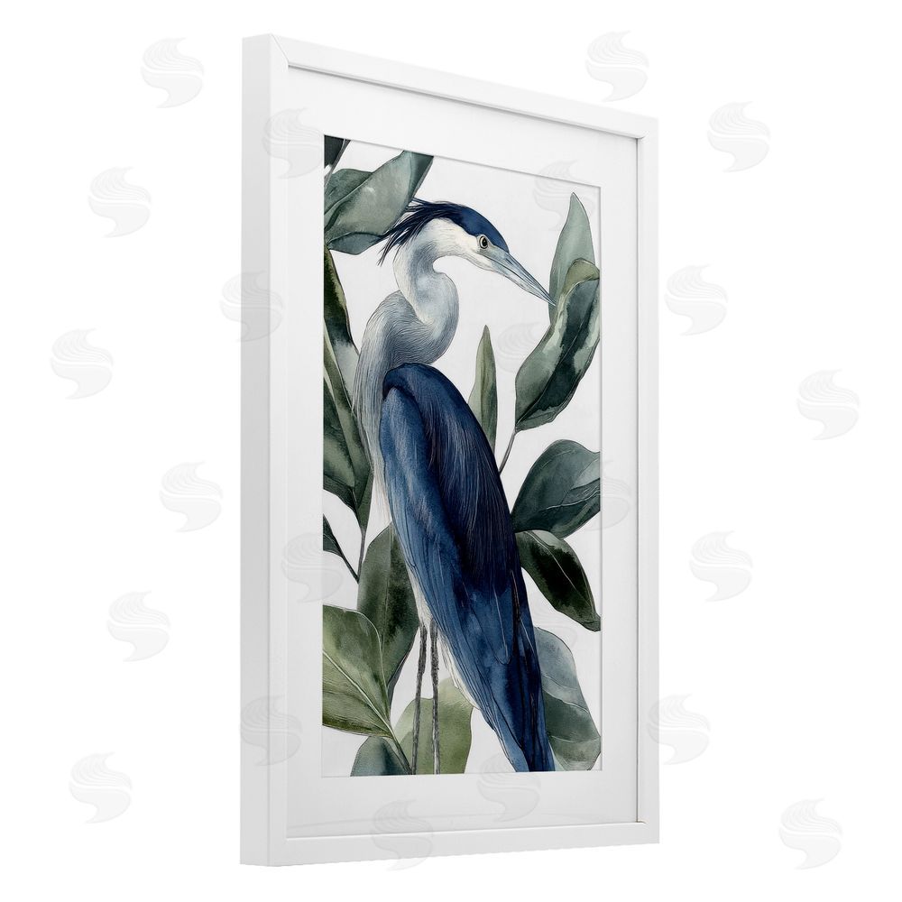 Mona Grace Blue Heron Among Leaves White Framed Print Under Glass Wall Art