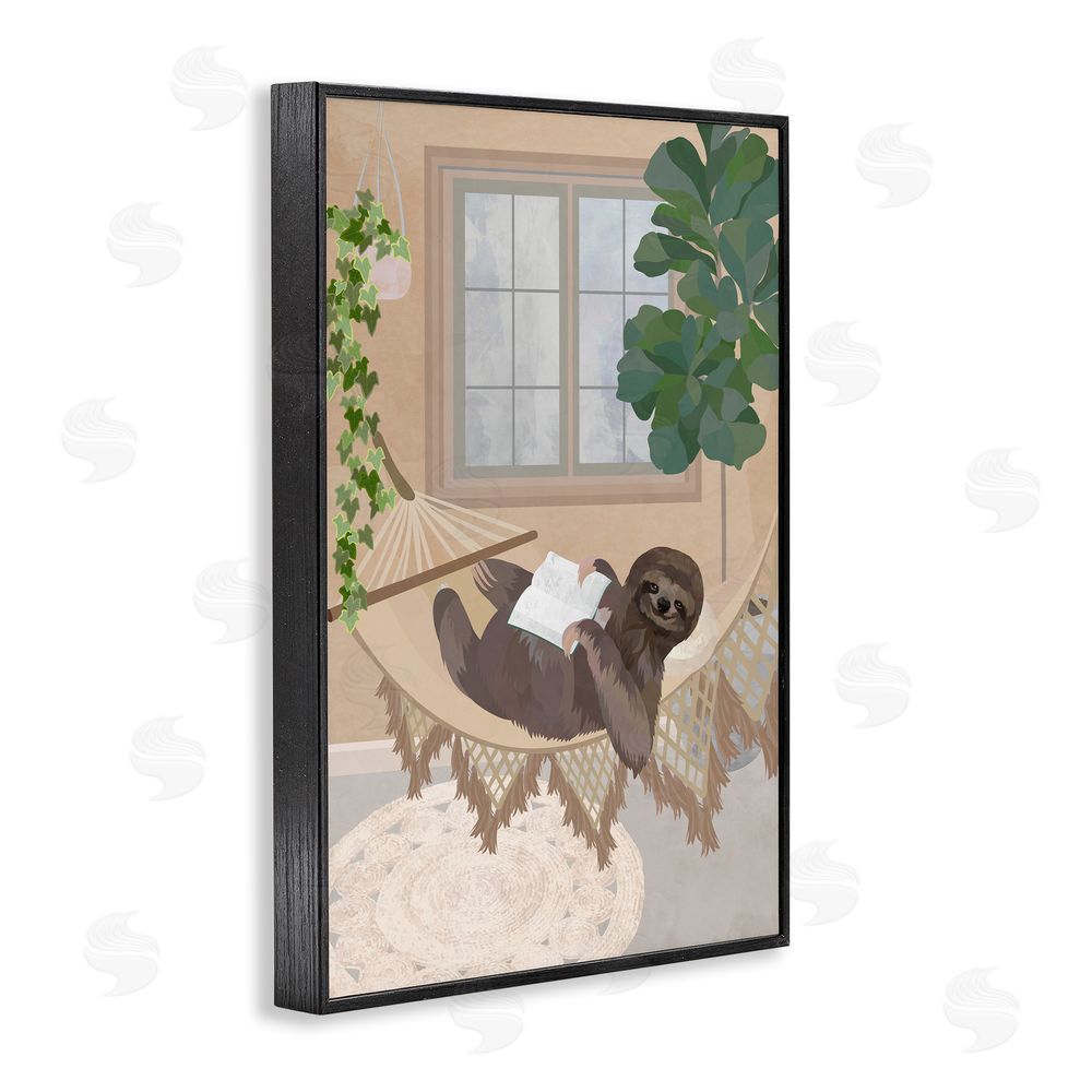 1x Cozy Sloth Reading on Hammock Black Framed Giclee Wall Art Print