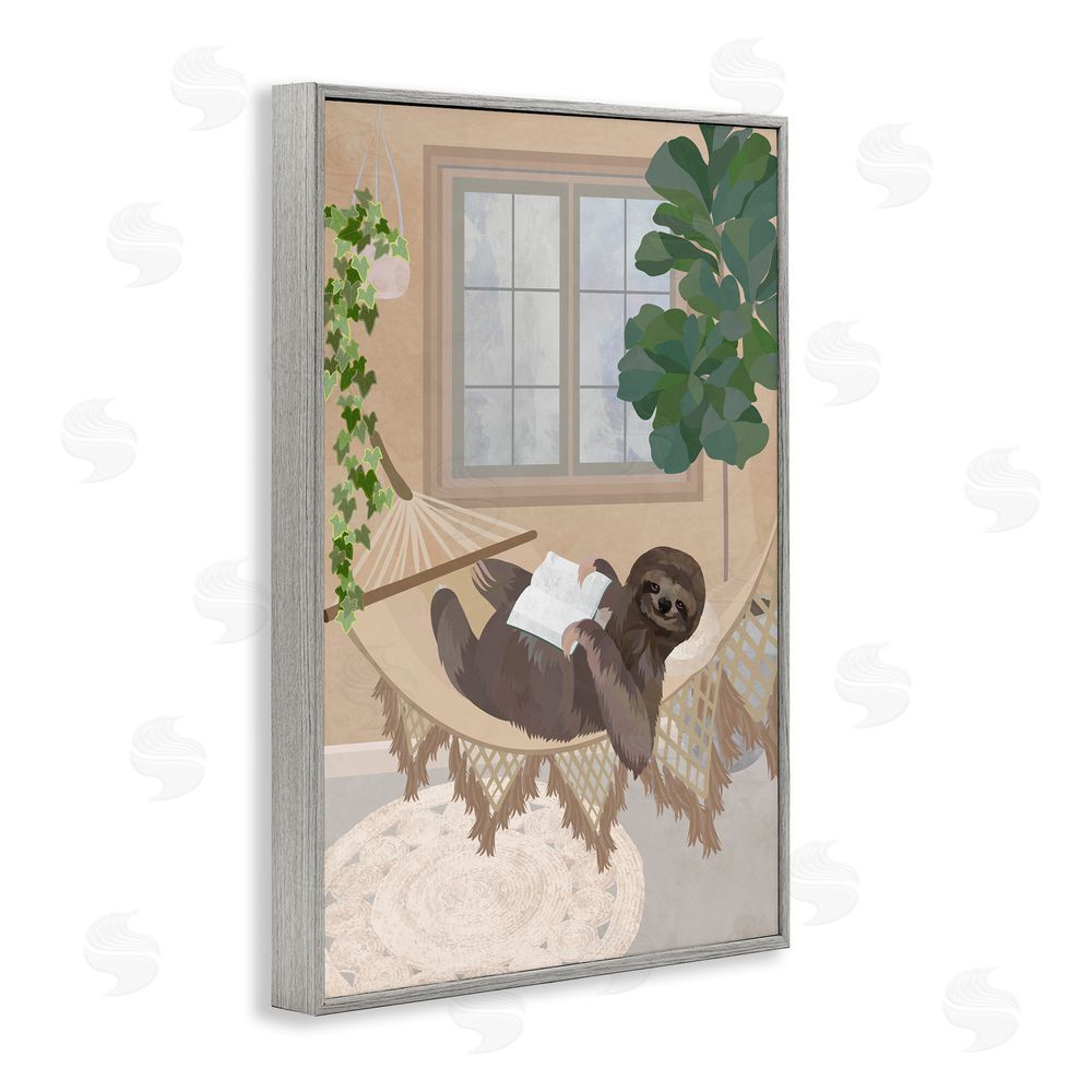 1x Cozy Sloth Reading on Hammock Gray Framed Giclee Wall Art Print