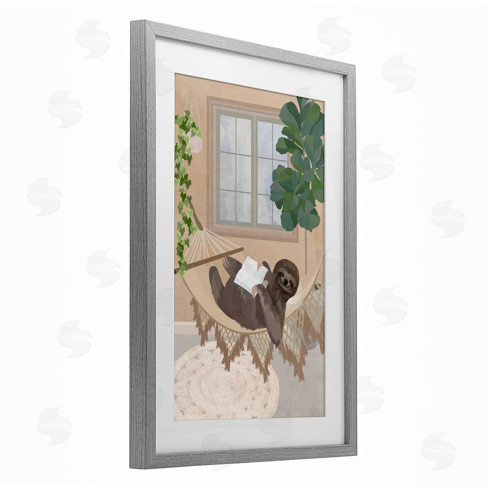 1x Cozy Sloth Reading on Hammock Gray Framed Print Under Glass Wall Art