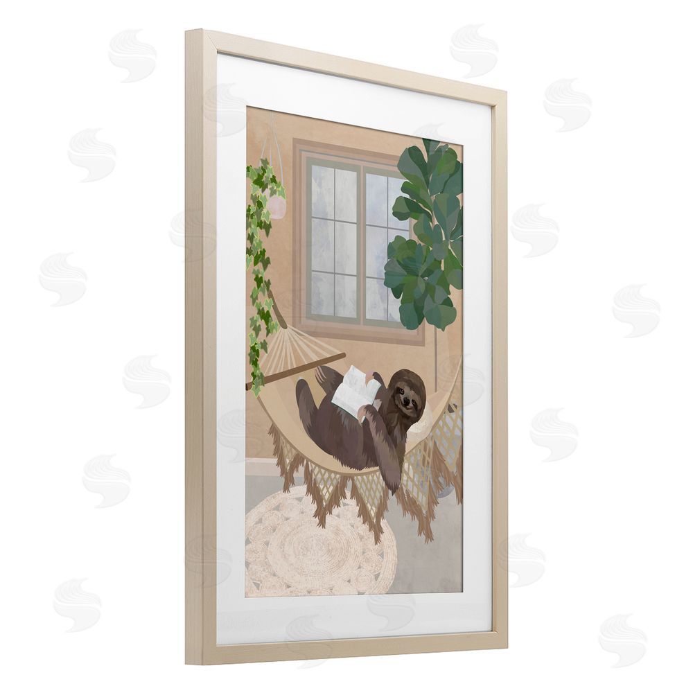 1x Cozy Sloth Reading on Hammock Brown Framed Print Under Glass Wall Art
