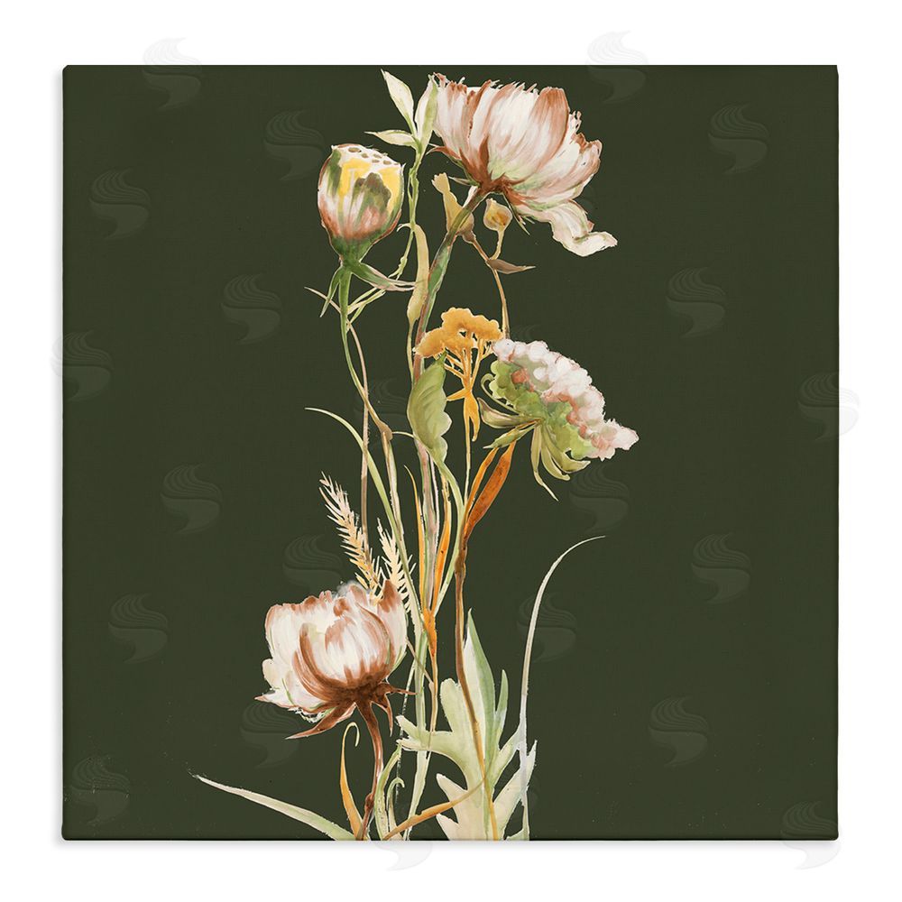 Liz Jardine Serene Wildflower Stem on Olive Stretched Canvas Wall Art Print