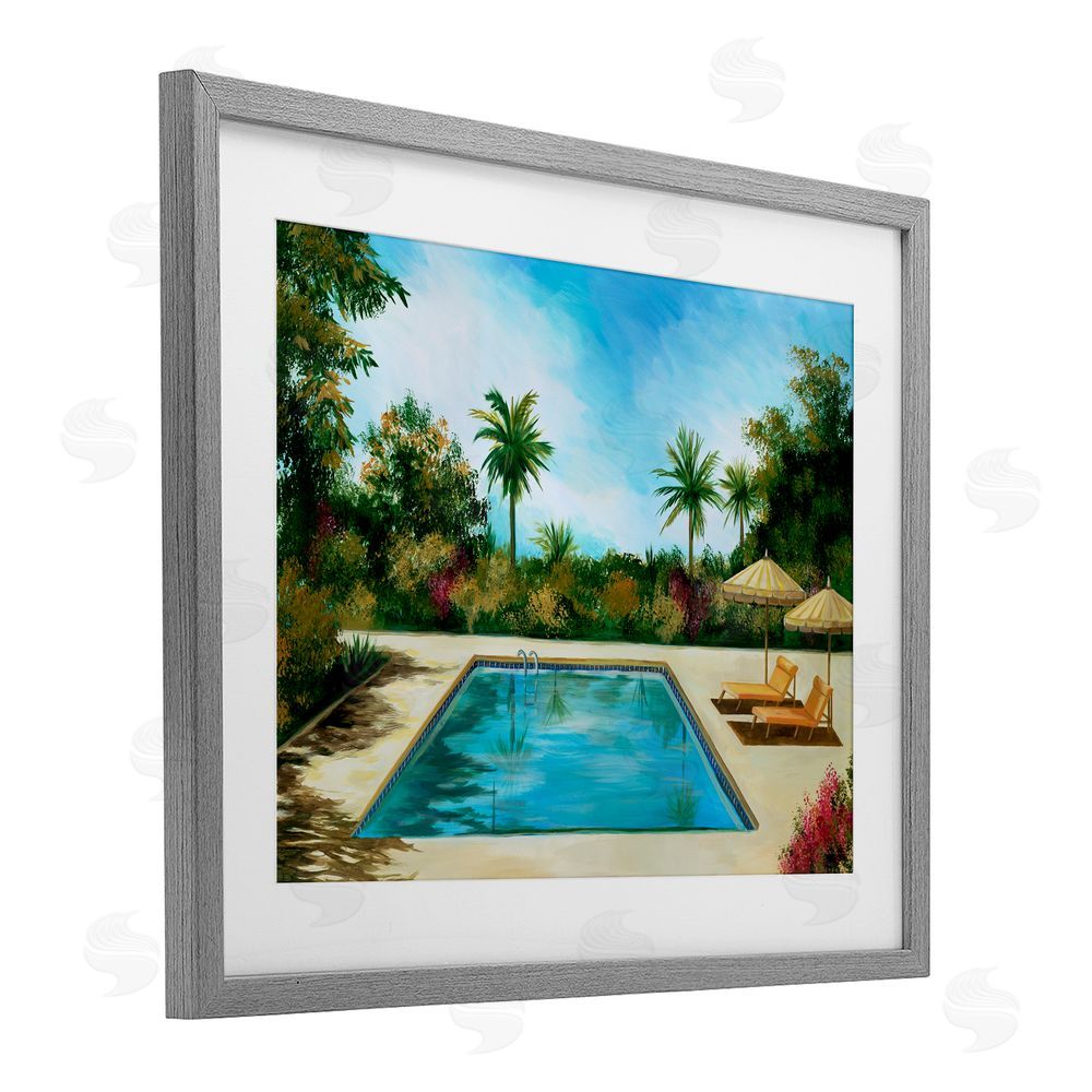 Liz Jardine Tropical Oasis Poolside Gray Framed Print Under Glass Wall Art