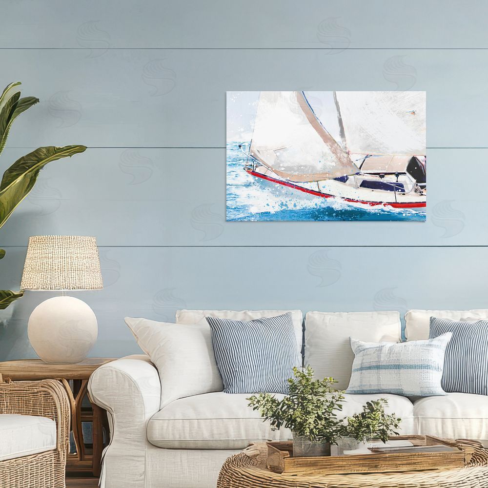 Porter Hastings Sailboat Racing Through Blue Waves Stretched Canvas Wall Art in Room