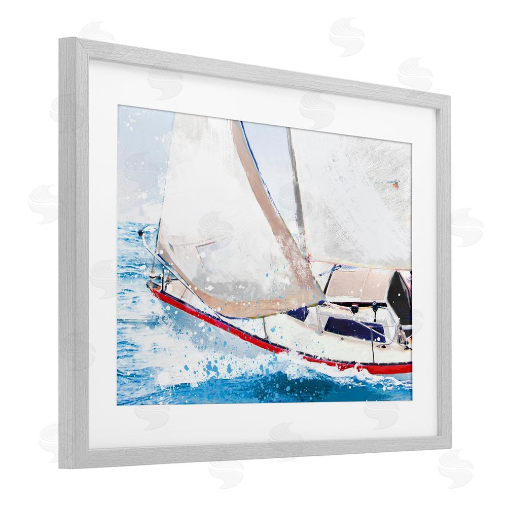 Porter Hastings Sailboat Racing Through Blue Waves Gray Framed Print Under Glass Wall Art