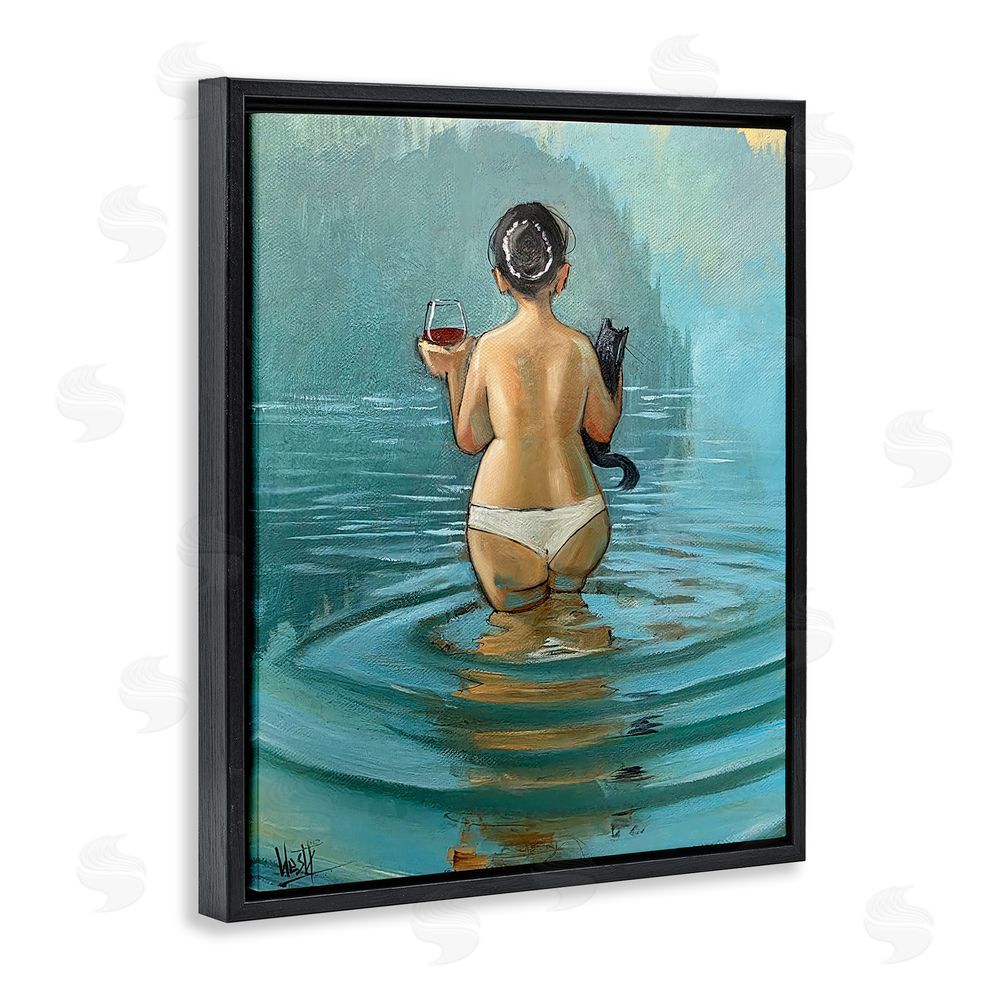 Ronald West Cat & Wine Dip At Twilight Black Floating Frame Canvas Wall Art Print