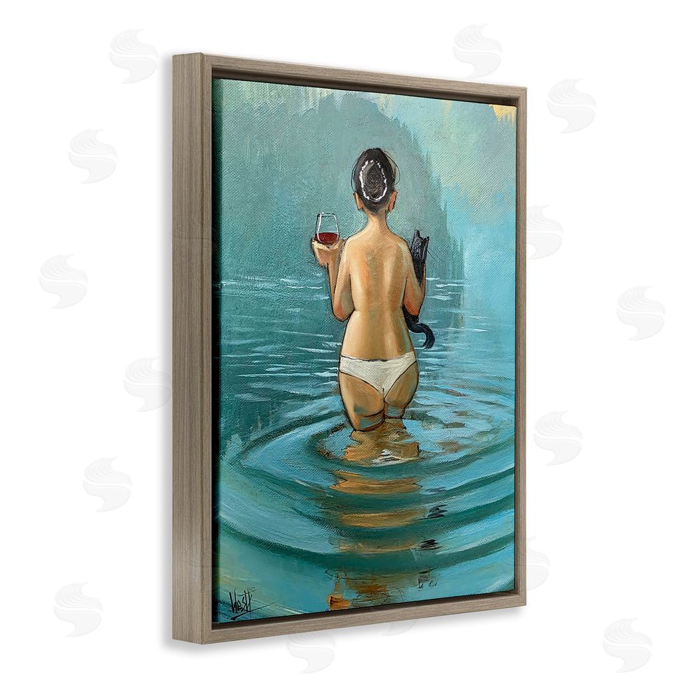 Ronald West Cat & Wine Dip At Twilight Brown Floating Frame Canvas Wall Art Print