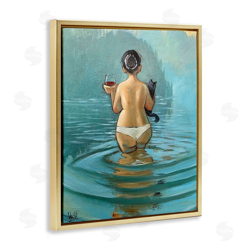 Ronald West Cat & Wine Dip At Twilight Gold Floating Frame Canvas Wall Art Print