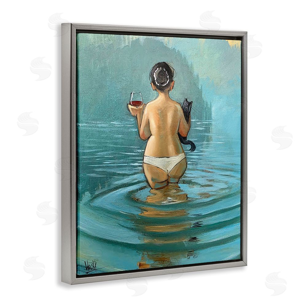 Ronald West Cat & Wine Dip At Twilight Gray Floating Frame Canvas Wall Art Print