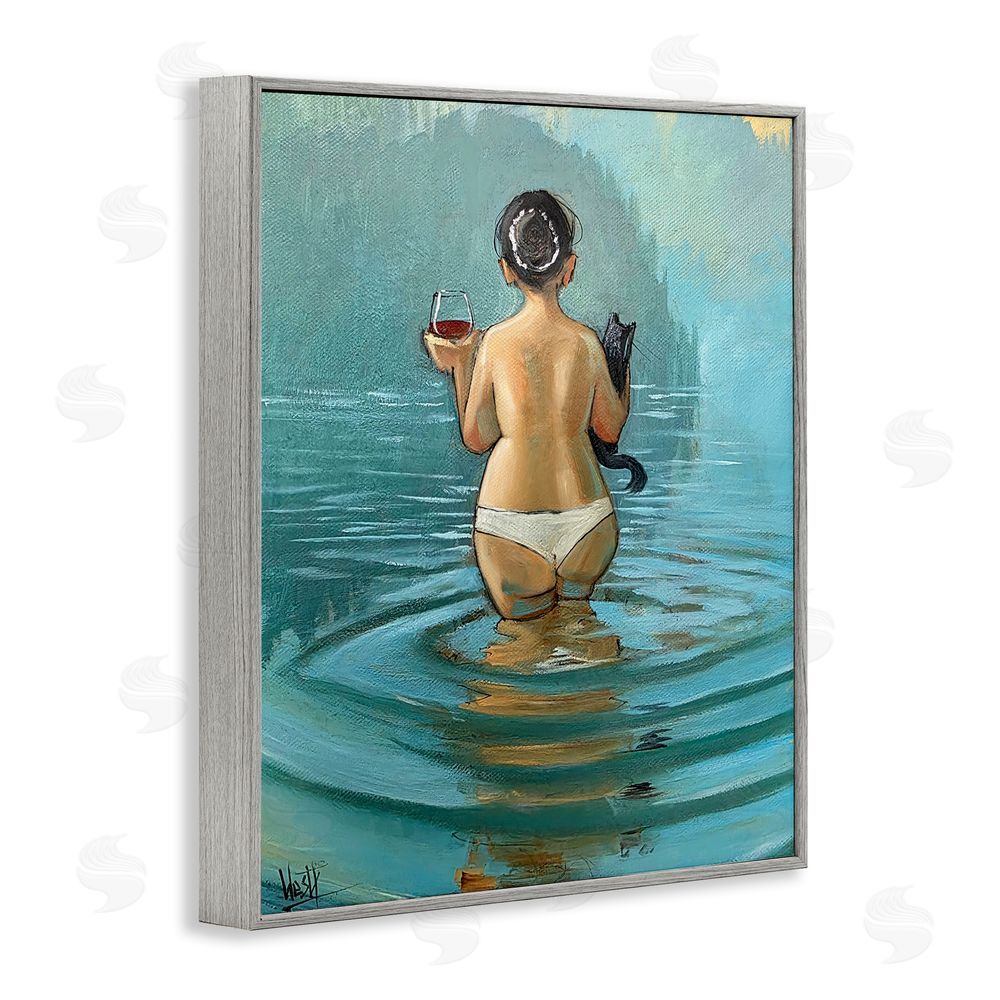 Ronald West Cat & Wine Dip At Twilight Gray Framed Giclee Wall Art Print