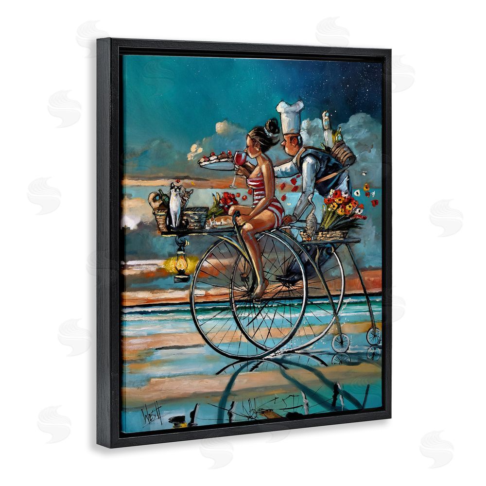 Ronald West Zaan's Dream Seaside Bicycle Ride Black Floating Frame Stretched Canvas Wall Art Print