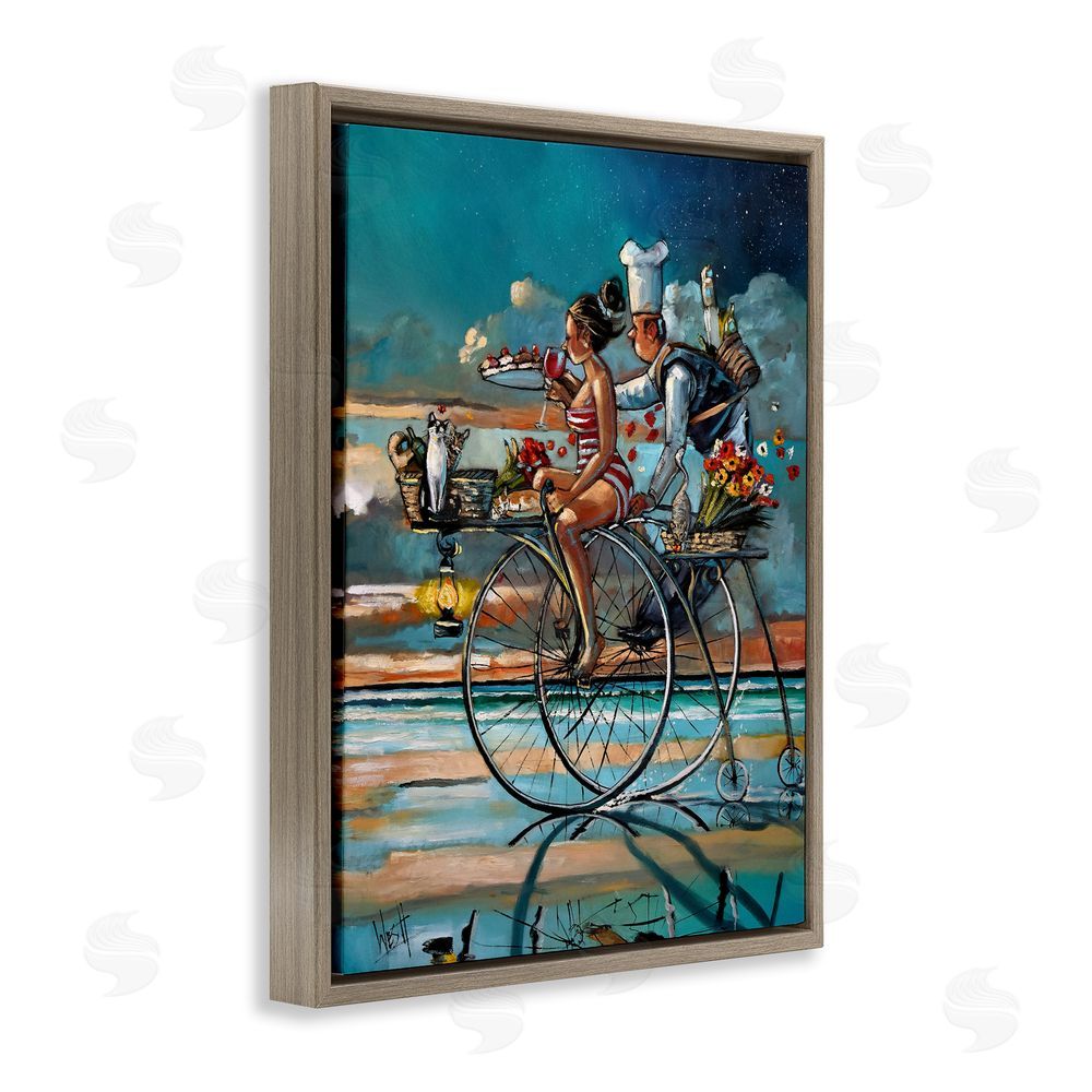 Ronald West Zaan's Dream Seaside Bicycle Ride Brown Floating Frame Stretched Canvas Wall Art Print