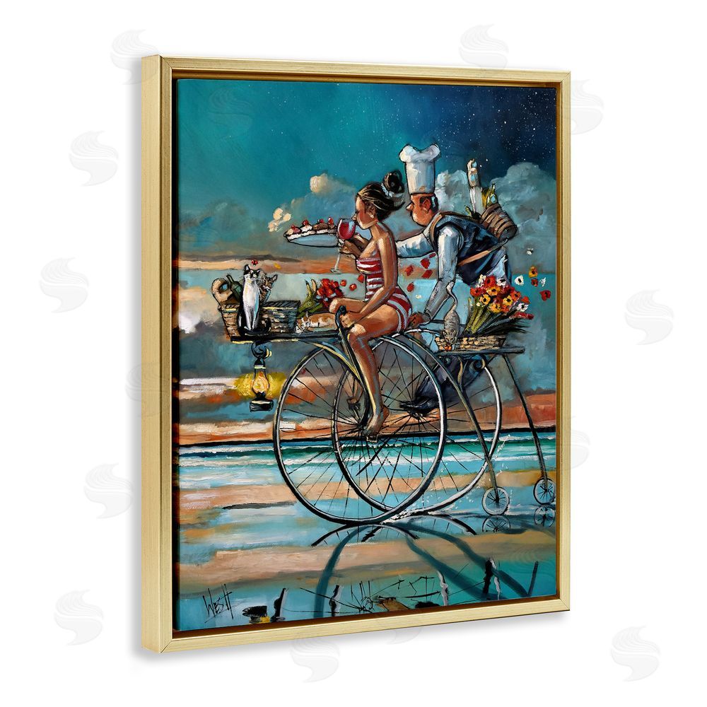 Ronald West Zaan's Dream Seaside Bicycle Ride Gold Floating Frame Stretched Canvas Wall Art Print