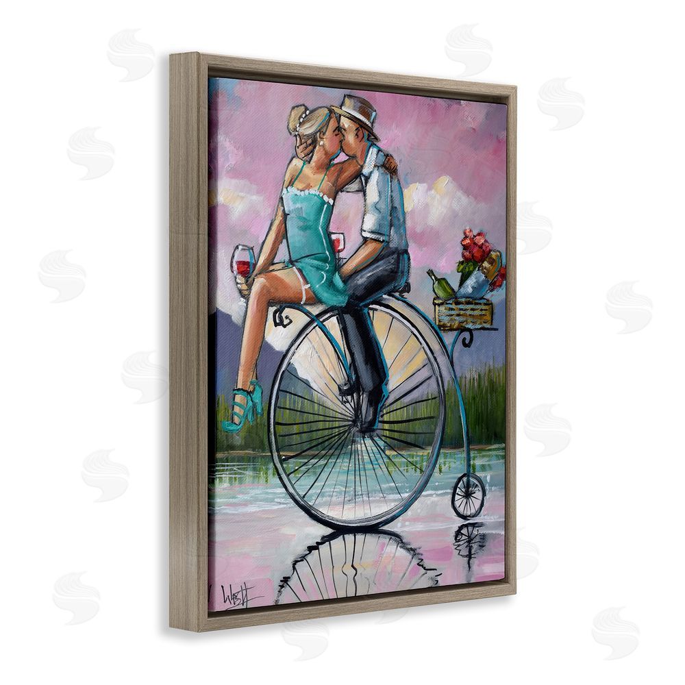 Ronald West Romantic Picnic on Bicycle Brown Floating Frame Canvas Wall Art Print