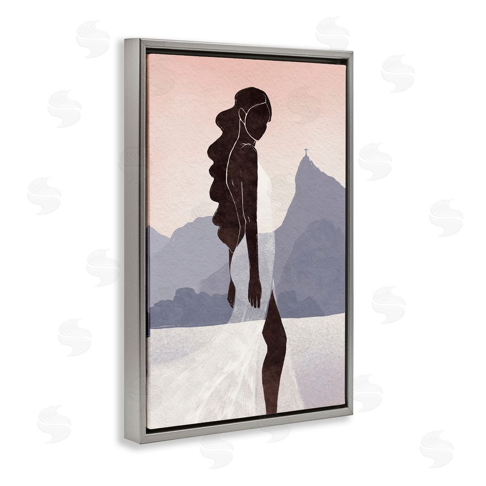 Yuyu Pont Garota Silhouette Portrait Gray Floating Frame Canvas Wall Art Print
