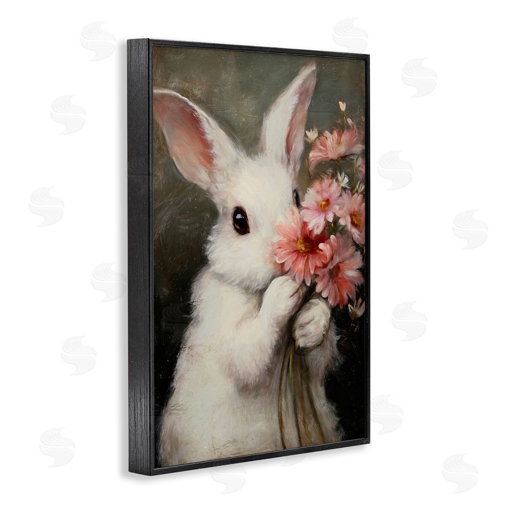 Tina LeCour Bashful Bunny with Pink Blooms Black Framed Giclee Wall Art Print