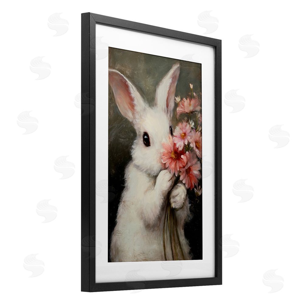 Tina LeCour Bashful Bunny with Pink Blooms Black Framed Print Under Glass Wall Art