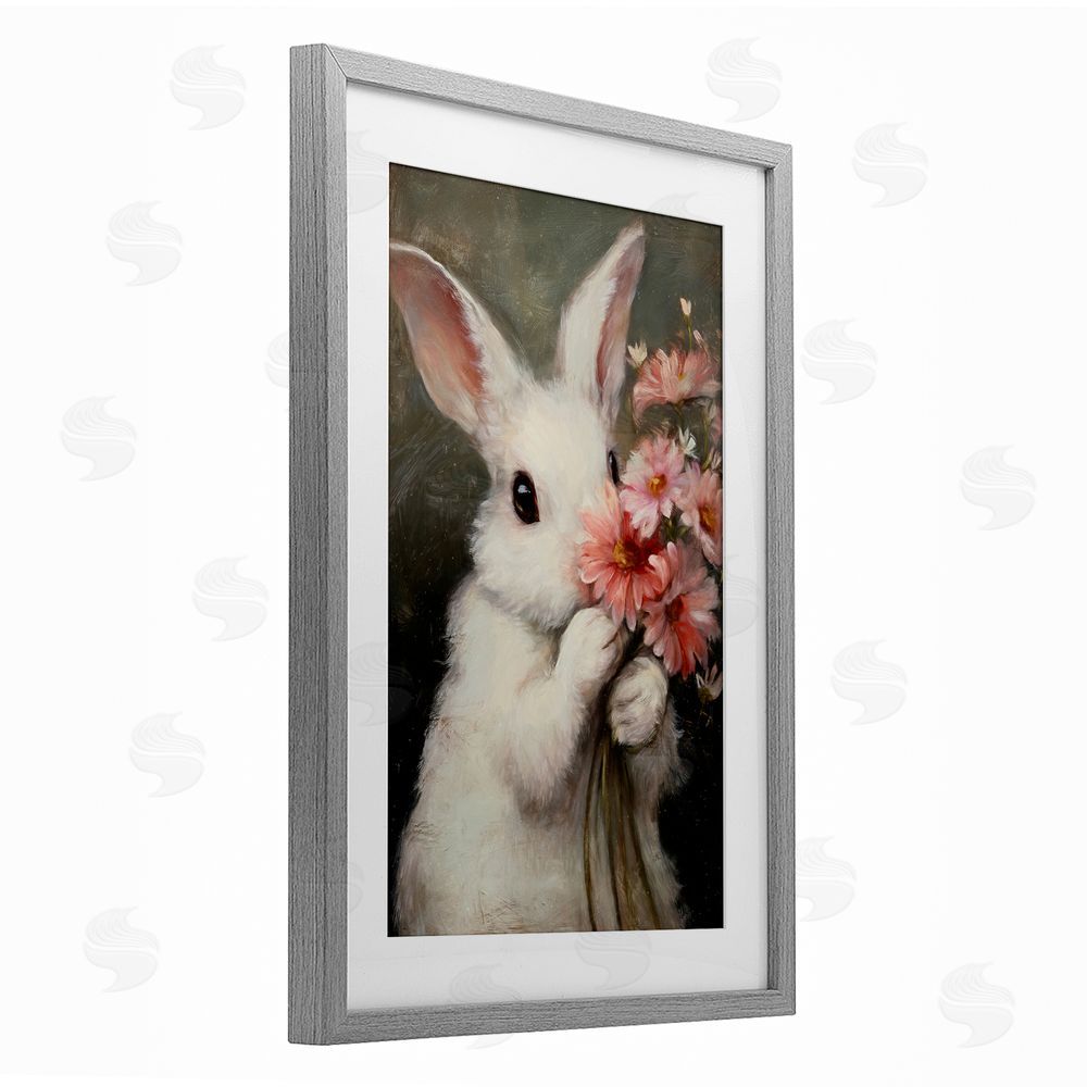 Tina LeCour Bashful Bunny with Pink Blooms Gray Framed Print Under Glass Wall Art