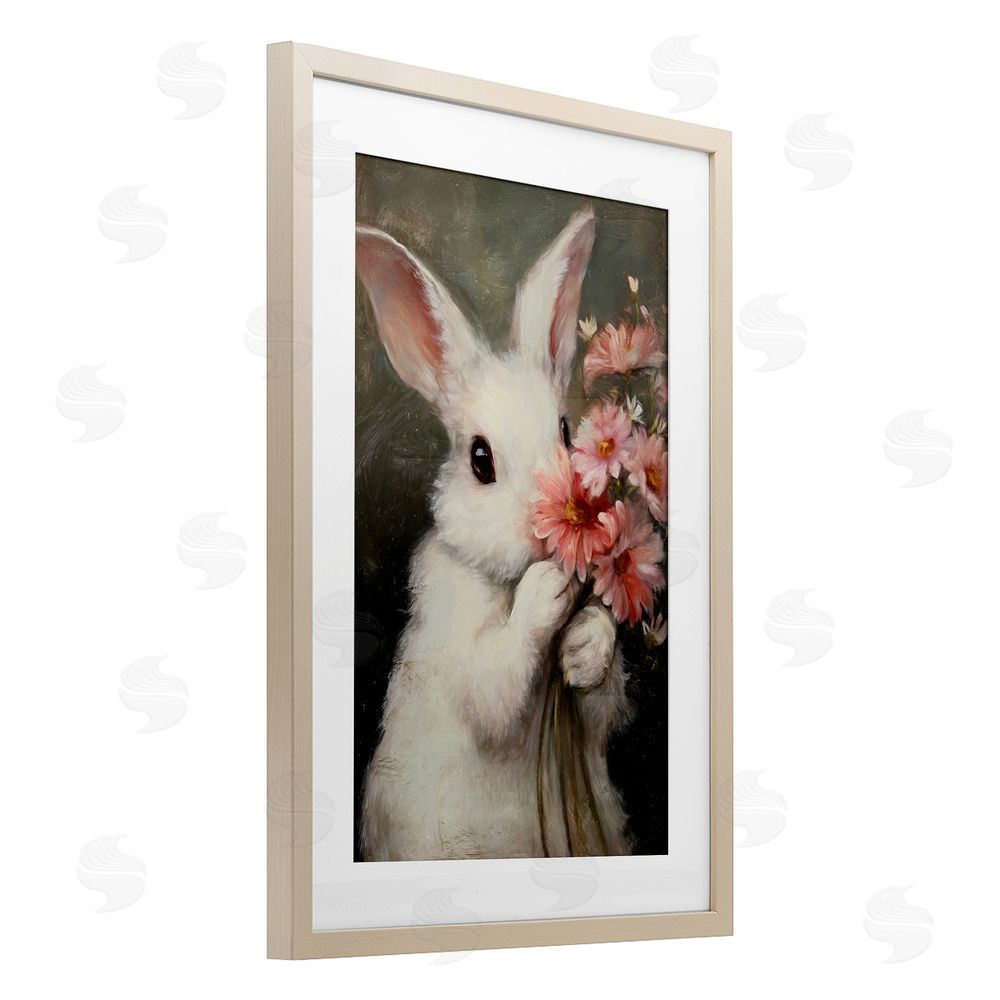 Tina LeCour Bashful Bunny with Pink Blooms Brown Framed Print Under Glass Wall Art