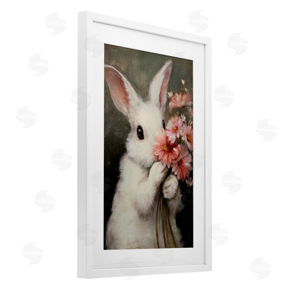 Tina LeCour Bashful Bunny with Pink Blooms White Framed Print Under Glass Wall Art