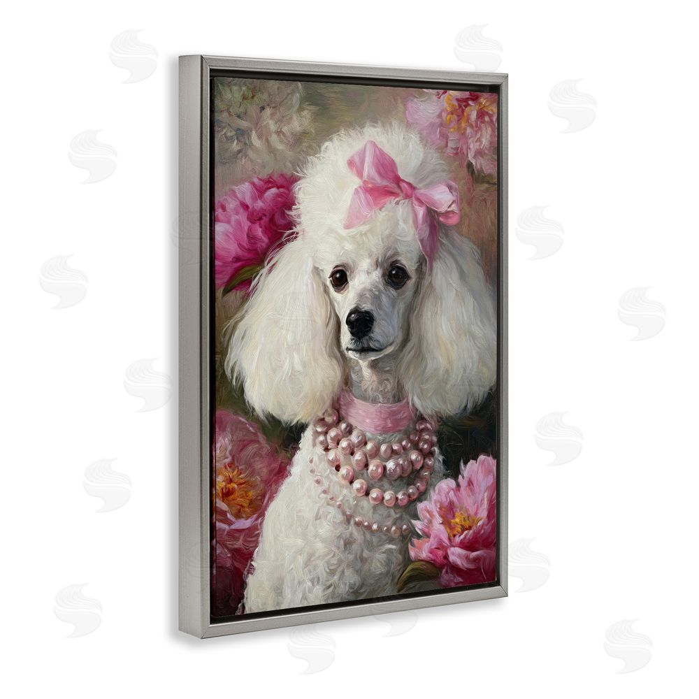 Tina LeCour Petals & Pearls Poodle Gray Floating Frame Canvas Wall Art Print
