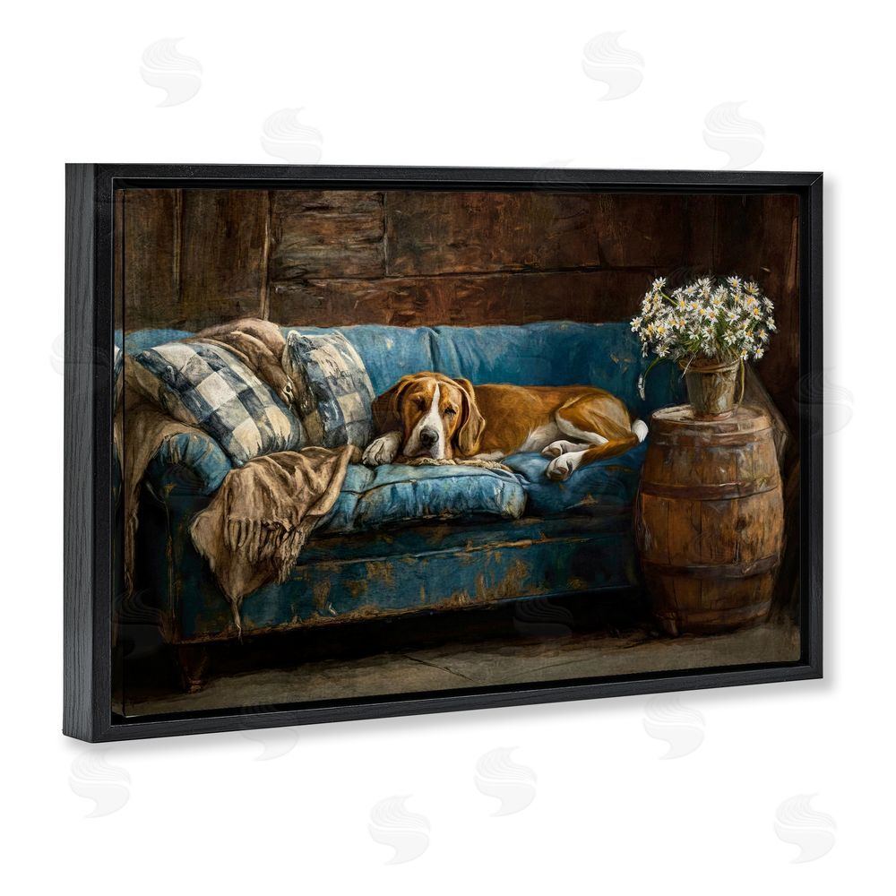Tina LeCour Hound on Cozy Blue Sofa Black Floating Frame Canvas Wall Art Print