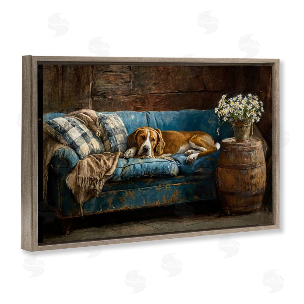 Tina LeCour Hound on Cozy Blue Sofa Brown Floating Frame Canvas Wall Art Print