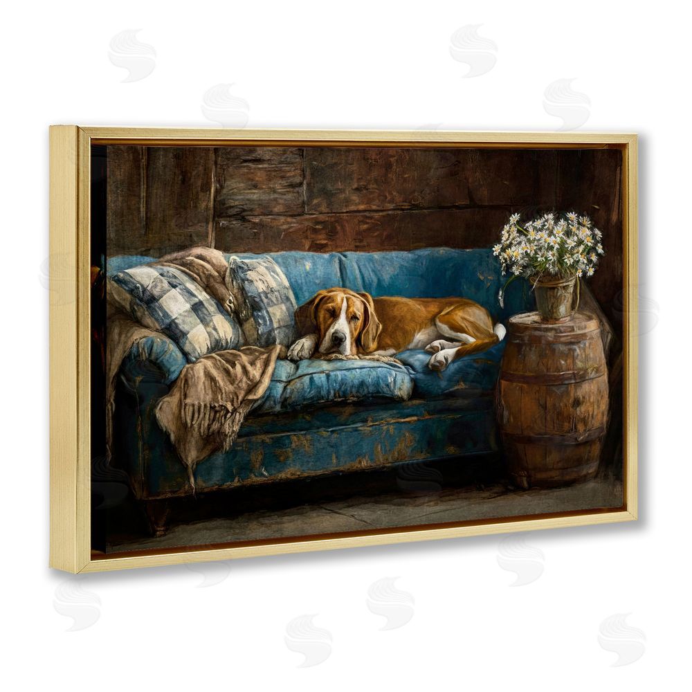 Tina LeCour Hound on Cozy Blue Sofa Gold Floating Frame Canvas Wall Art Print