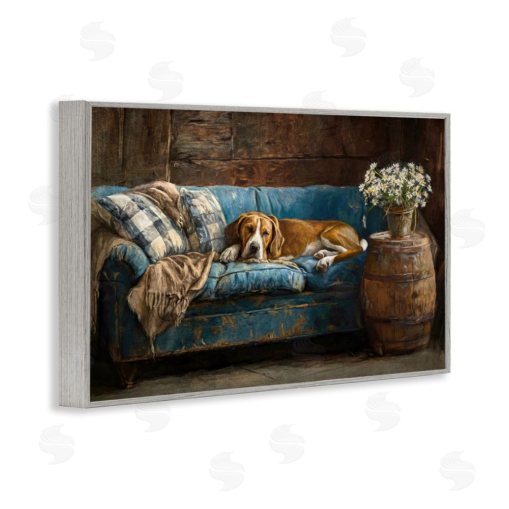 Tina LeCour Hound on Cozy Blue Sofa Gray Framed Giclee Wall Art Print