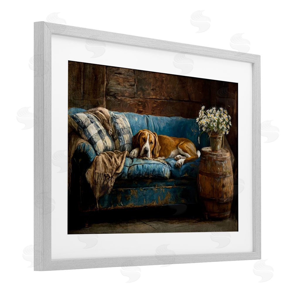 Tina LeCour Hound on Cozy Blue Sofa Gray Framed Print Under Glass Wall Art