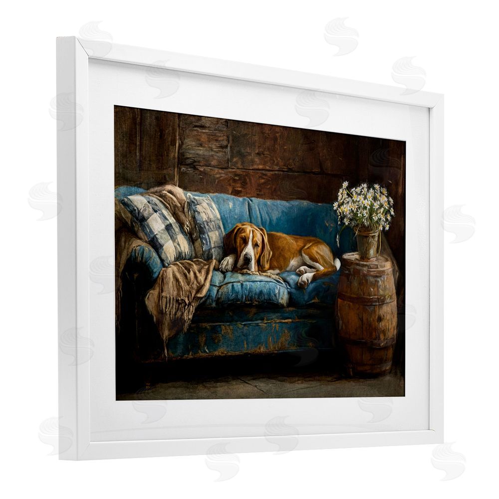 Tina LeCour Hound on Cozy Blue Sofa White Framed Print Under Glass Wall Art